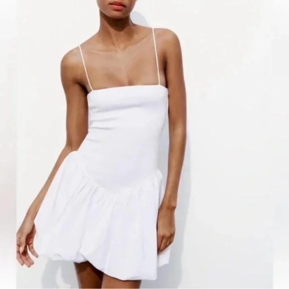 Zara Mixed Ribbed Poplin Balloon Mini Dress in White Medium